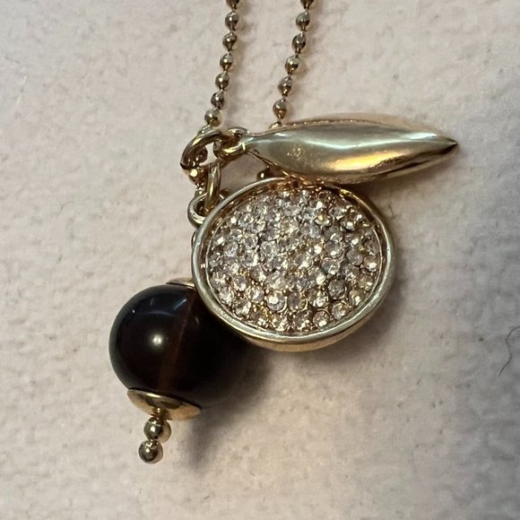 LOFT Gold Tone Charm Necklace w/Black Bead, Rhinestone Disk - 16 -18 inches - Picture 2 of 3